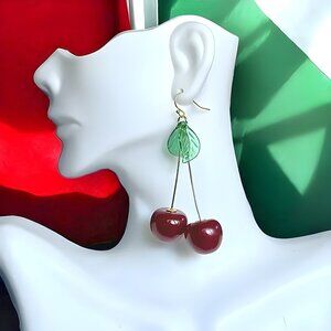 🆕 Cherry Dangle Earrings with Green Leaf – Resin Gold-Plated Fun Statement